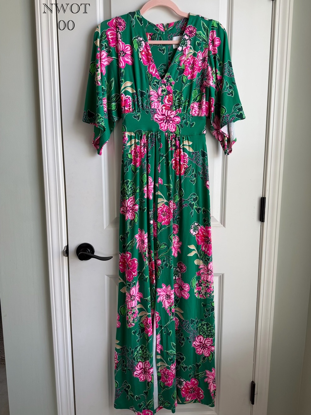 Lilly Pulitzer Green Maxi Dress with Pink Floral Print